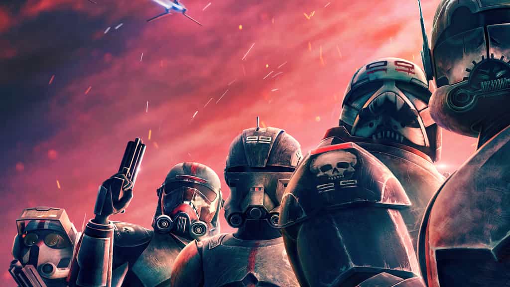 Elite clone trooper squadron in tactical armor against dramatic red sky with laser fire and explosions in background