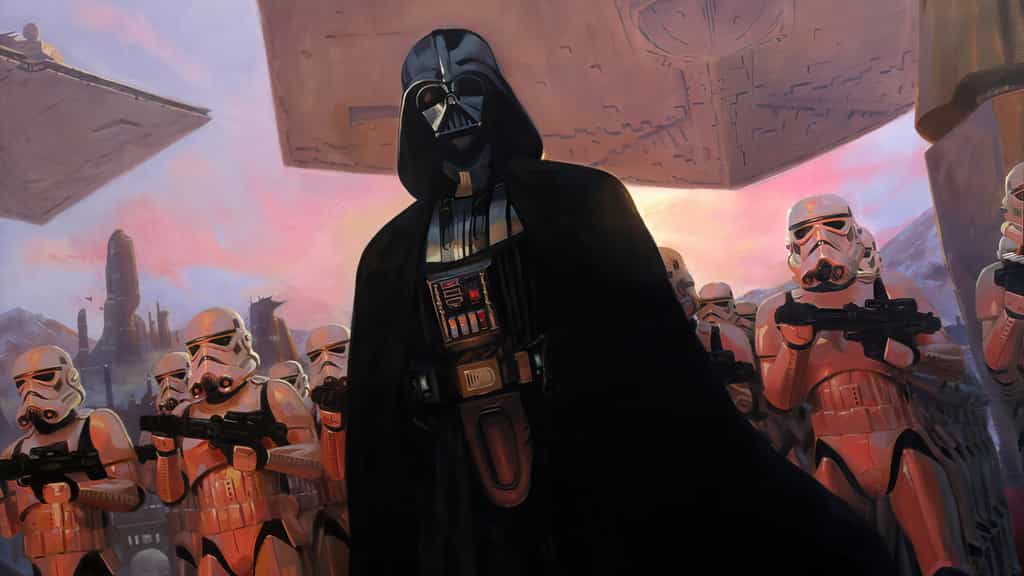Darth Vader stands commanding with Imperial stormtroopers in formation beneath a pink alien sky with futuristic architecture.