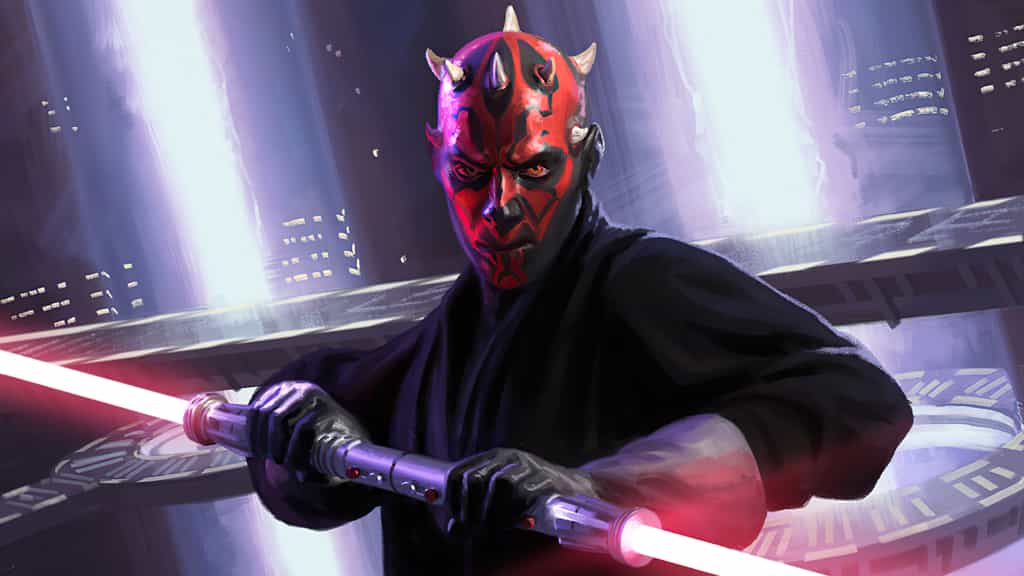 Darth Maul with red and black face markings wielding a glowing red lightsaber in a futuristic cyberpunk cityscape with purple