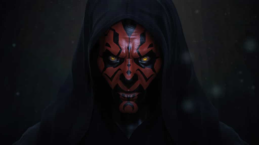 Darth Maul with red and black face paint, yellow eyes, and black hooded cloak against a dark starry background