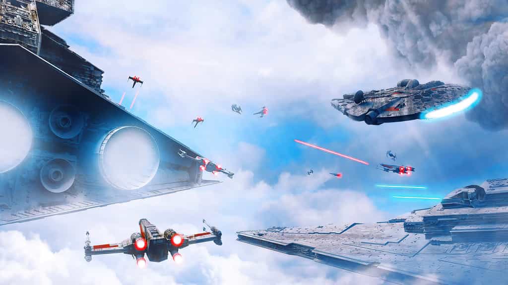 Epic space battle scene with Star Wars starships and cruisers engaged in combat among clouds and glowing laser fire