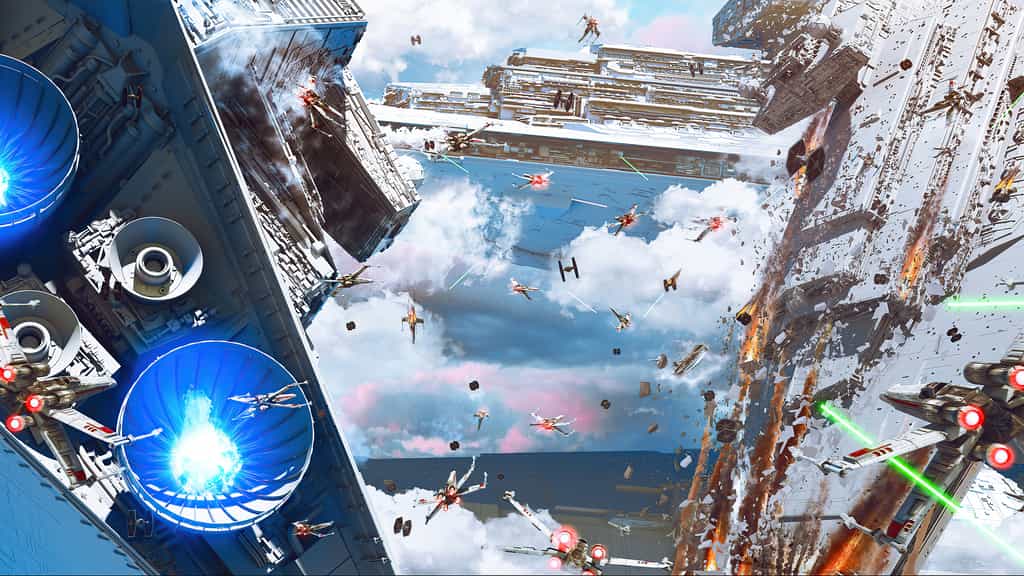 Epic space battle scene with Star Wars starships, cruisers, and fighters engaged in intense combat above a snow-covered plane