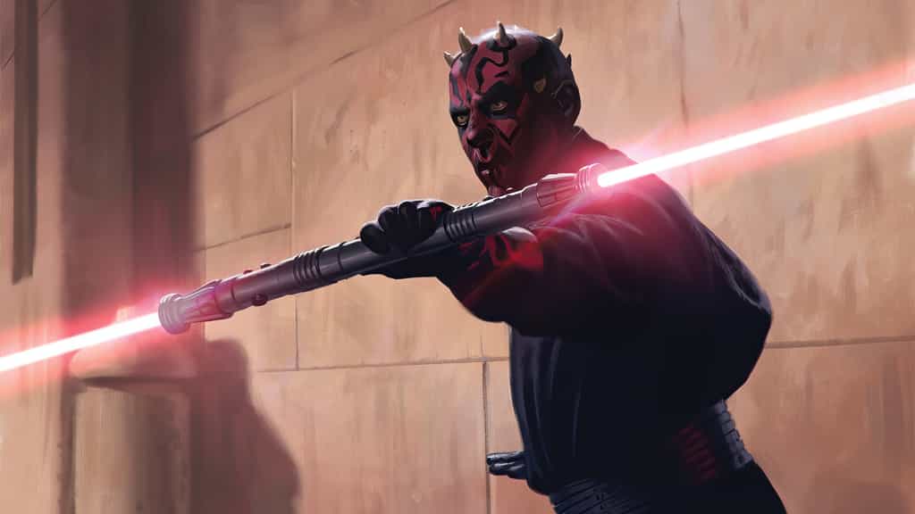 Darth Maul wielding glowing red lightsaber in dramatic pose with horned makeup and dark robes against dusty corridor backgrou