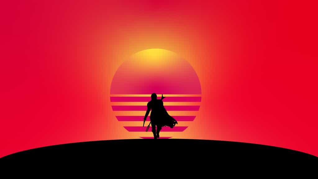 Silhouette of a figure holding a weapon against a large setting sun with horizontal lines, on a dark horizon against a gradie