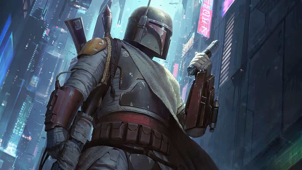 Armored bounty hunter Boba Fett stands in a neon-lit cyberpunk city with dual blasters, towering skyscrapers and glowing sign