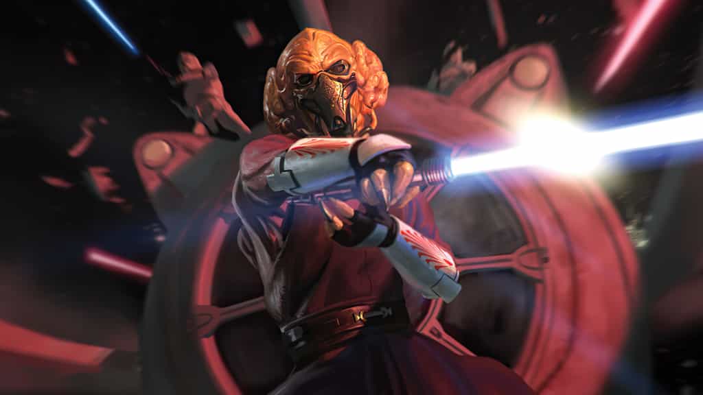 Plo Koon from Star Wars wielding a blue lightsaber with neon red and blue energy effects in dynamic action pose