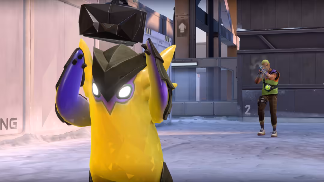 Valorant character Gekko with his companion Wingman in a futuristic urban environment with glowing eyes