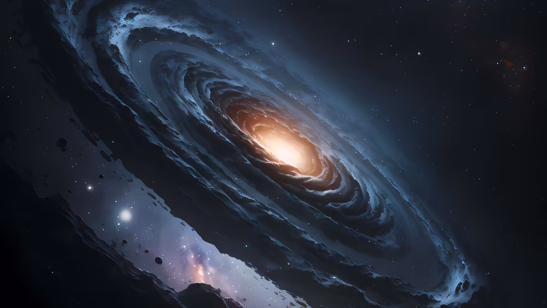 Majestic spiral galaxy with glowing golden core surrounded by blue luminous dust clouds and scattered stars in deep space