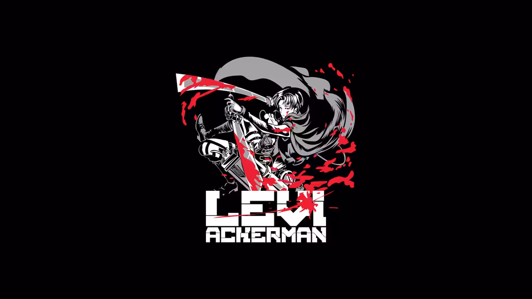 Levi Ackerman wielding red glowing blades in dramatic action pose against black background with intense warrior expression
