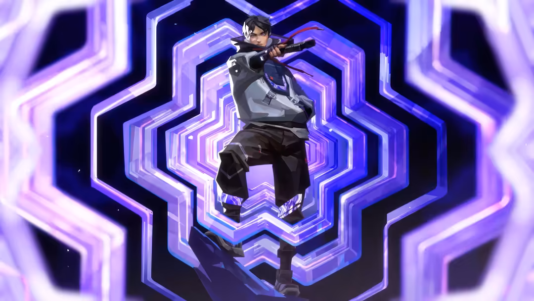 Valorant character Iso in tactical gear posed dynamically within concentric neon purple hexagonal frames on dark background