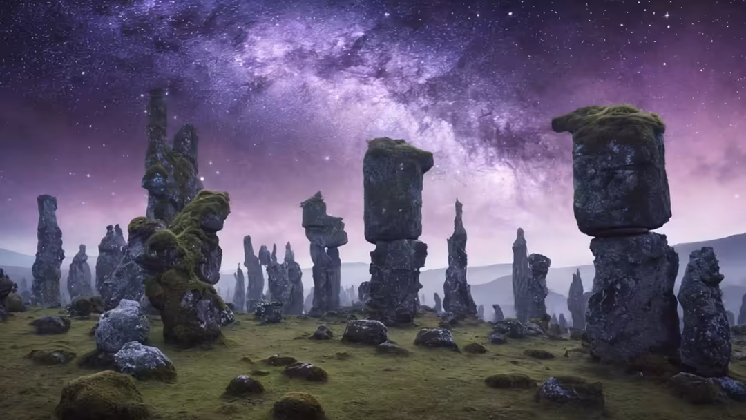 Ancient stone monoliths covered in moss beneath a vibrant purple starry sky with the Milky Way galaxy visible overhead in a m