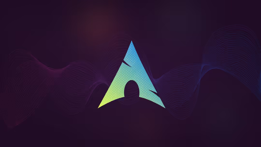 Silhouetted figure beneath a glowing neon triangle with cyan-to-yellow gradient, surrounded by flowing purple wave patterns o
