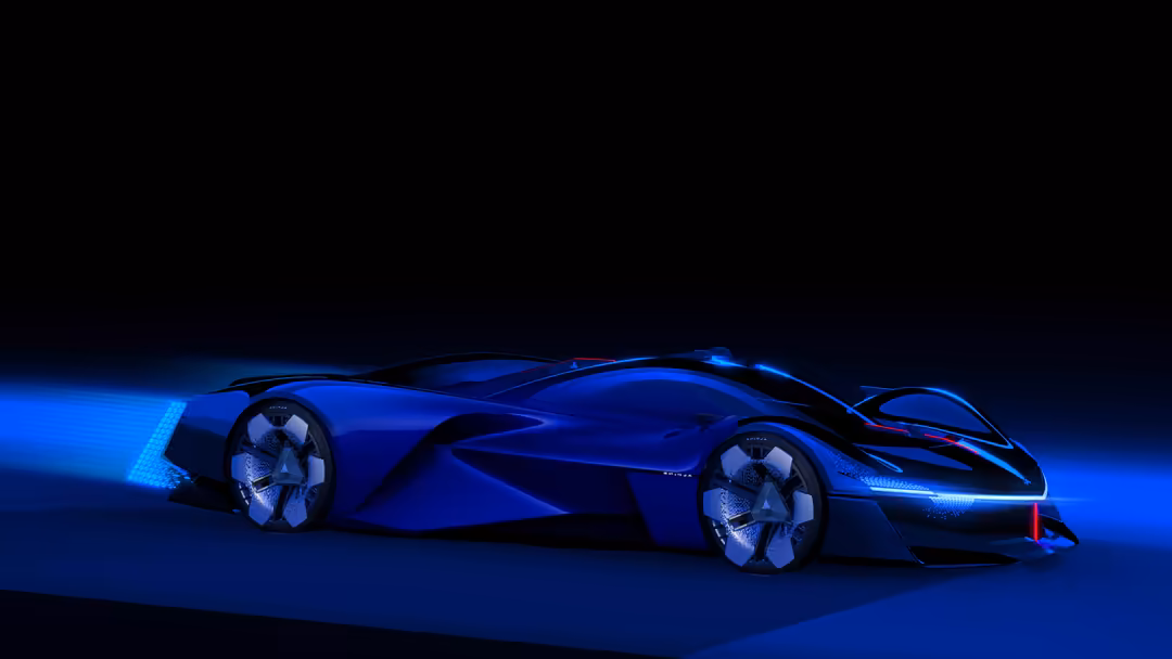 Sleek futuristic sports car with neon blue glowing accents, illuminated wheels, and aerodynamic design against dark backgroun