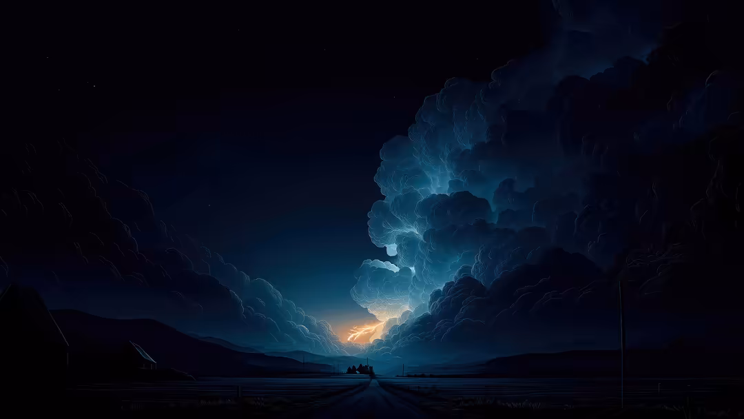 Dramatic storm clouds illuminated by golden light breaking through dark sky above an empty straight road at dusk
