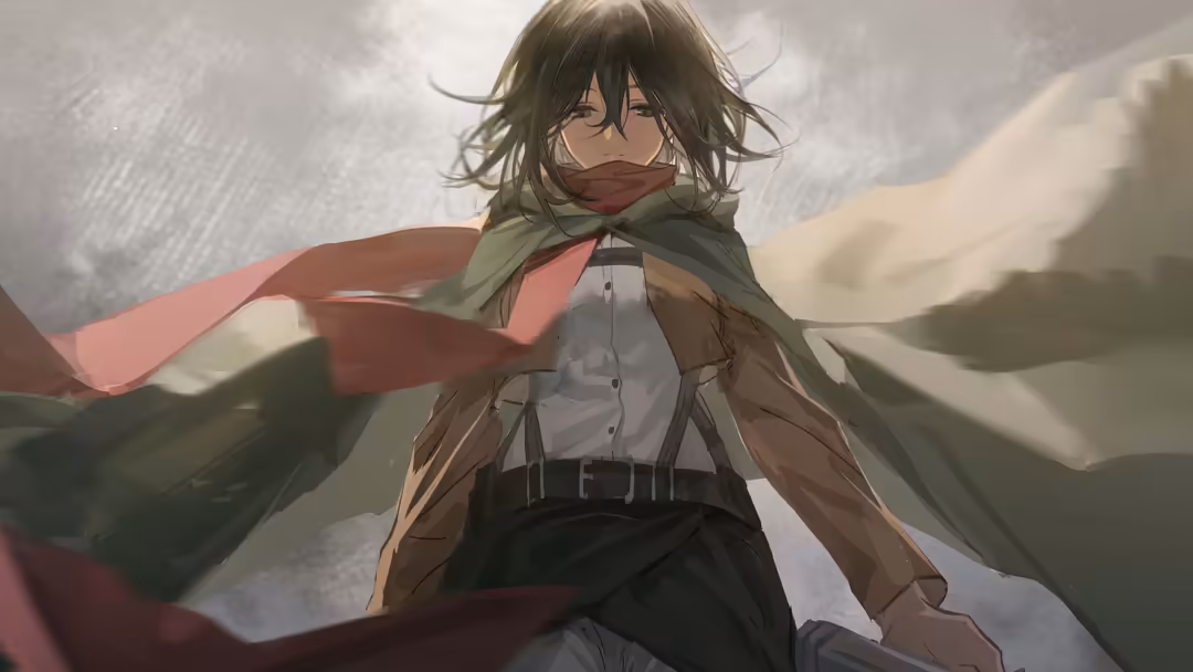 Anime character Mikasa Ackerman with dark hair and red scarf flowing, wearing brown jacket and determined expression in drama