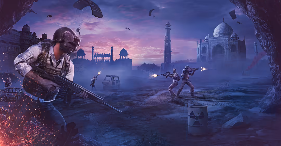 Armed soldiers in tactical gear engage in combat across a desert landscape with exotic architecture and a dramatic purple sun