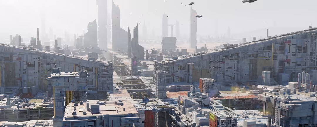Futuristic cityscape with towering skyscrapers shrouded in haze, residential blocks in foreground, dystopian metropolis stret