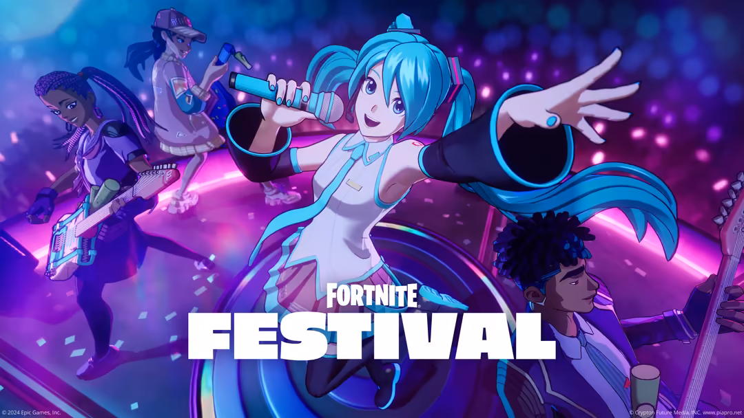 Colorful Fortnite Festival scene with blue-haired female character singing, surrounded by musicians and glowing neon lights i