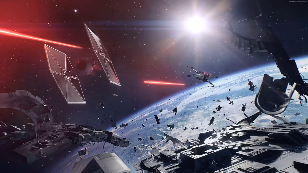 Luke Skywalker amid an epic space battle with red laser fire, TIE fighters, and a blue planet below surrounded by cosmic debr