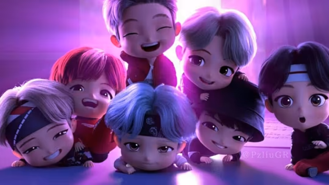 Group of adorable animated characters with large expressive eyes glowing in vibrant neon purple and pink lighting, radiating
