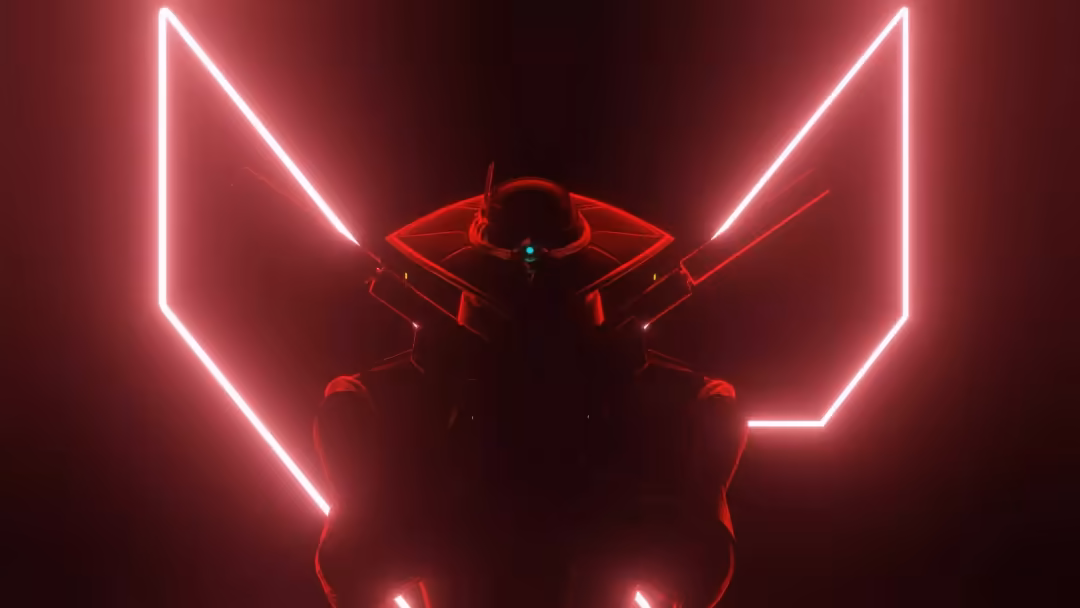 Valorant character with glowing neon pink geometric lines and red demon horns against a dark crimson background with intense
