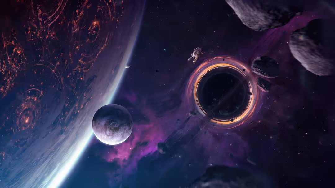 Astronaut floating in space near a glowing black hole with purple nebula clouds and distant planets in cosmic scene