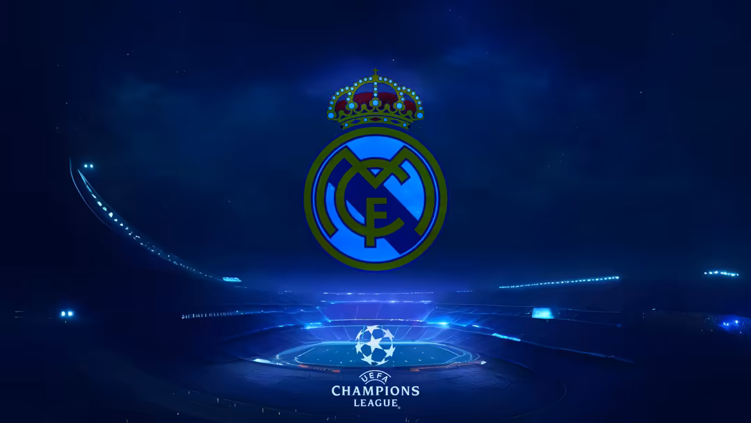Real Madrid CF logo with crown displayed above illuminated Champions League stadium with glowing soccer ball centerpiece