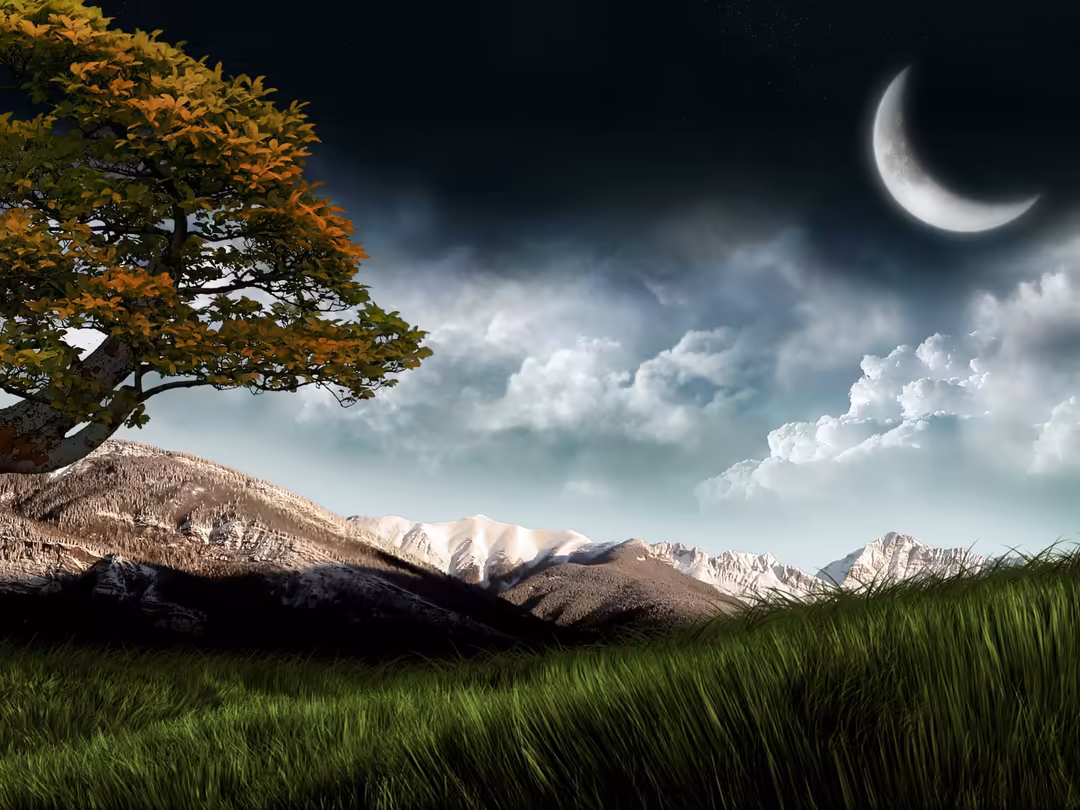 Golden autumn tree overlooking vast green meadow with snow-capped mountains and crescent moon in dark starry night sky
