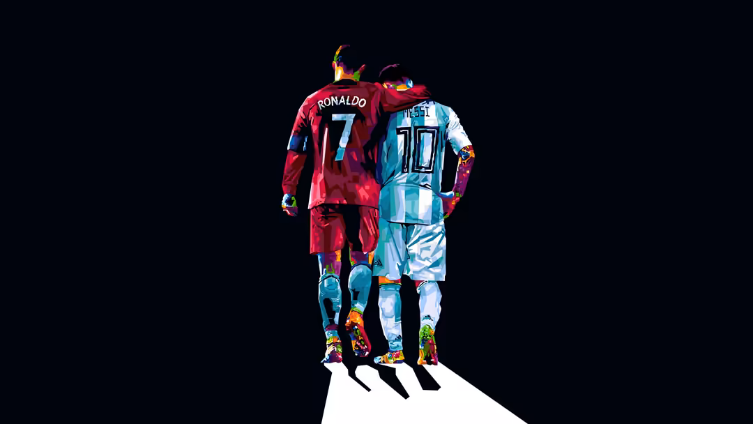 Cristiano Ronaldo in vibrant pop art style wearing red and white football jerseys with colorful psychedelic accents against a