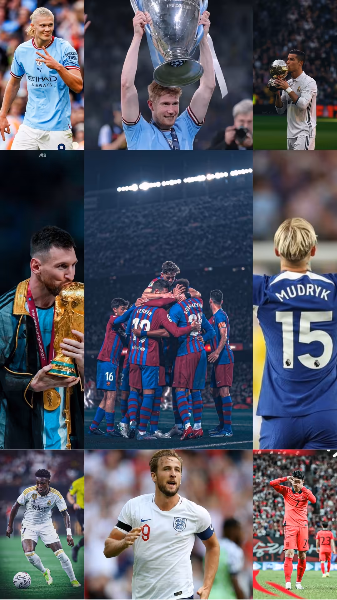Collage of FIFA World Cup champions and iconic football moments featuring trophy celebrations, winning players in various uni