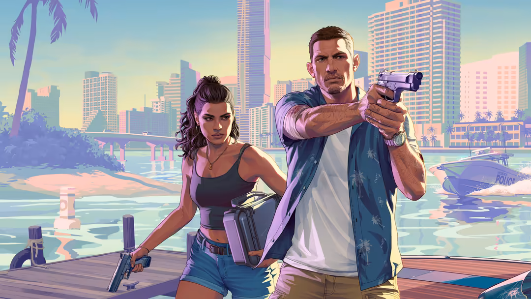 Two armed characters stand on a waterfront dock with neon-lit skyscrapers and palm trees, featuring vibrant purple and pink c