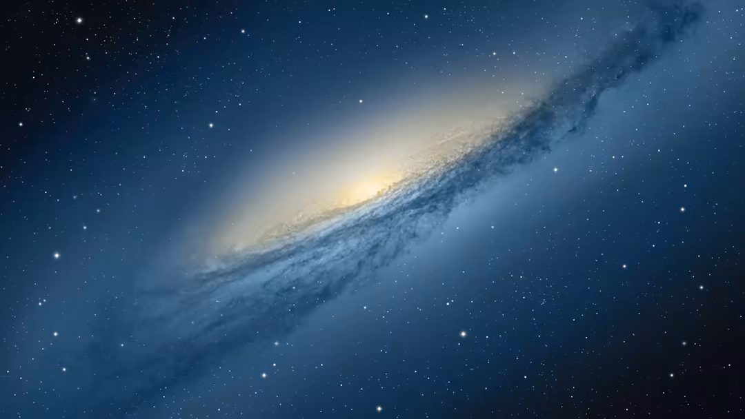 A magnificent spiral galaxy with golden core and blue dust lanes swirling through a deep starfield against dark space