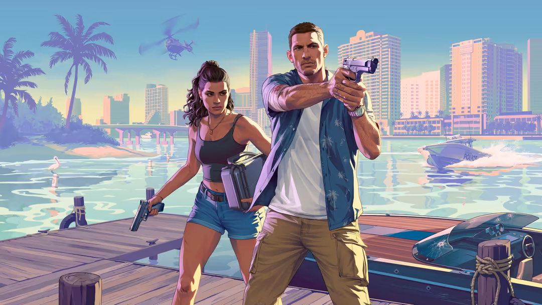 Two armed protagonists standing on a dock with tropical palm trees, modern skyscrapers, and neon-lit cityscape reflected in c