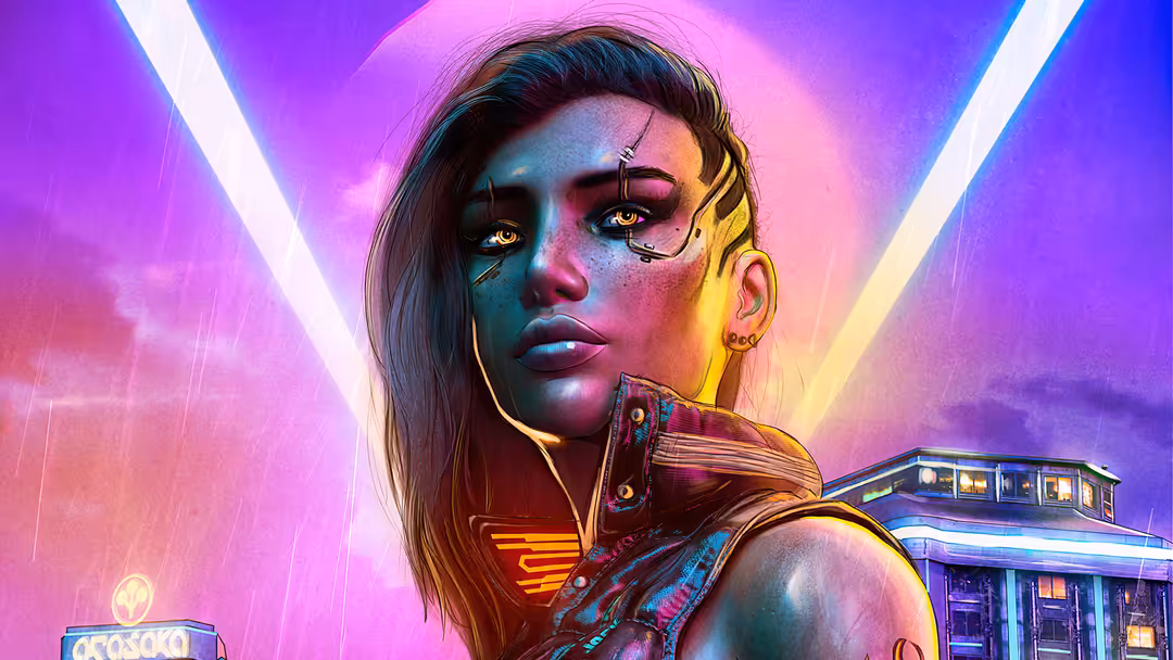 Cyberpunk portrait of a woman with vibrant neon purple and pink lighting, geometric makeup, glowing eyes, and futuristic atti