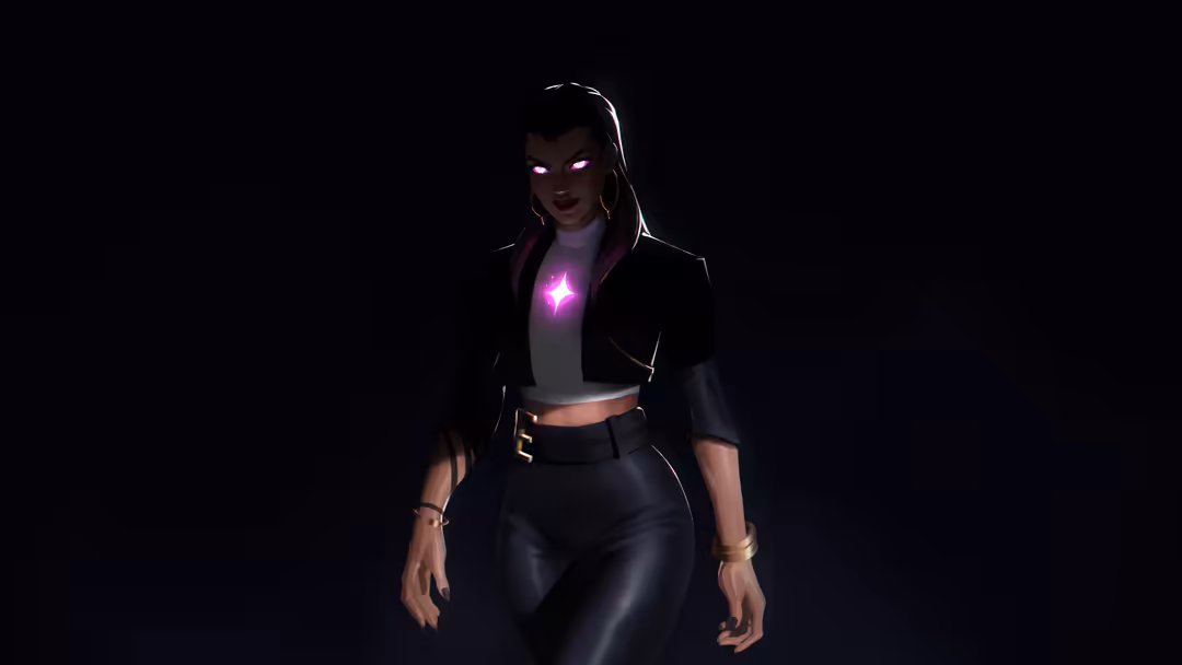 Dark figure with glowing magenta eyes and neon chest emblem, wearing black tactical outfit against black background