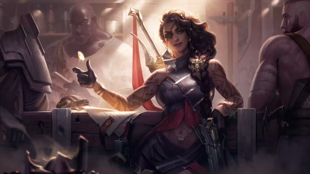 Fantasy warrior woman in armored outfit with red banner, surrounded by shadowy figures in dramatic golden lighting