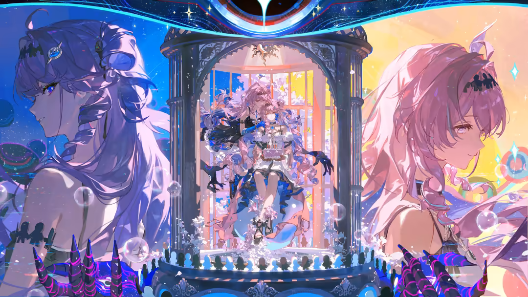 Anime character Denia from Wuthering Waves performs on a futuristic neon-lit stage with blue and pink lighting, surrounded by