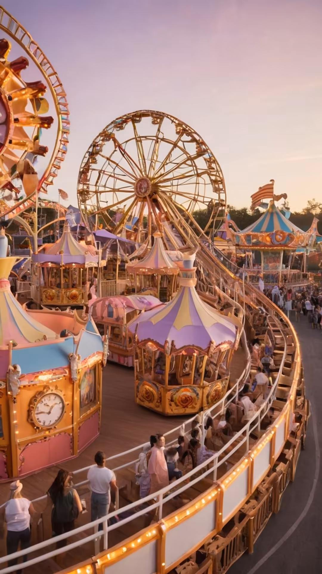 Vintage-style theme park with illuminated ferris wheel, colorful carousel tents, and roller coaster at sunset with purple sky