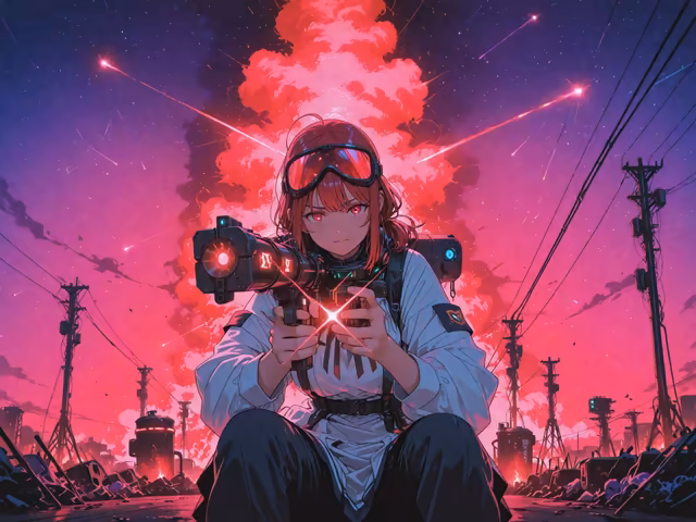 Neon Warrior Against Dystopian Sky