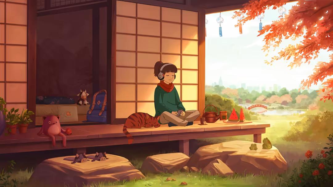 Animated girl wearing headphones sitting peacefully on a wooden platform by large windows, with vibrant orange autumn leaves