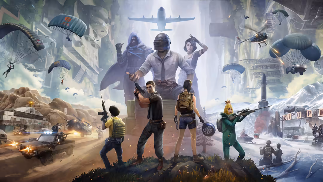 PUBG battle royale players parachuting into desert city with military aircraft overhead, explosions and combat action below