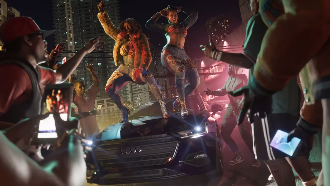 Vibrant neon-lit street party scene with dancers on car roof, city skyscrapers, and crowd with phones in purple and green lig