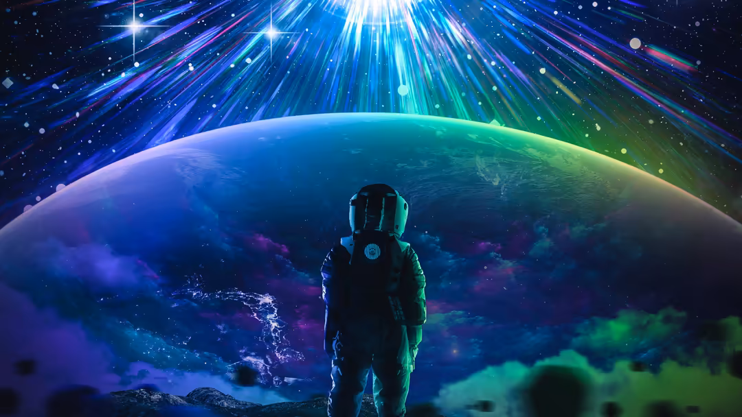 Astronaut in spacesuit standing before glowing planet with neon light rays and cosmic nebula clouds in deep space