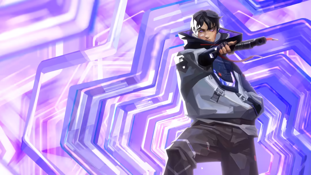Anime-style tactical character Iso from Valorant game holding a rifle against vibrant purple neon geometric background
