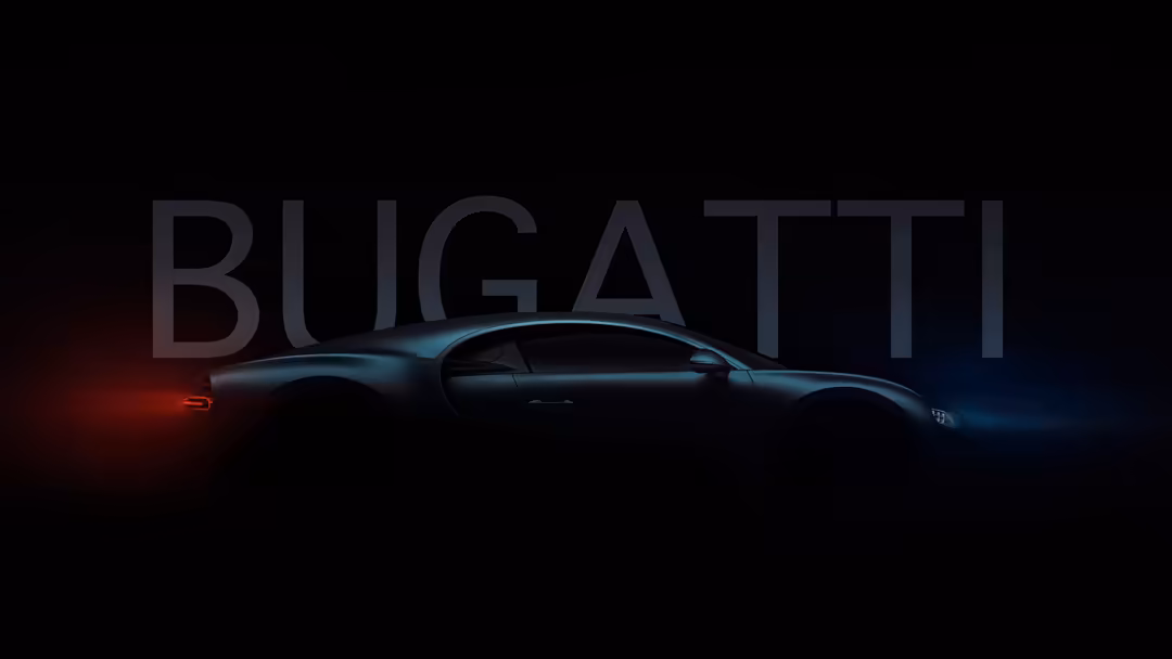 Sleek Bugatti Chiron hypercar silhouette against dark background with red and blue accent lighting