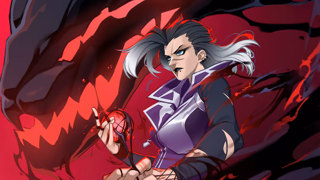 Anime-style character Fade from Valorant game with black and white hair, purple outfit, wielding red energy powers against dr