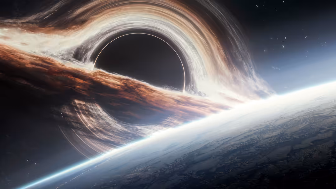 Massive black hole with swirling accretion disk and intense gravitational lensing effects near a planet in space