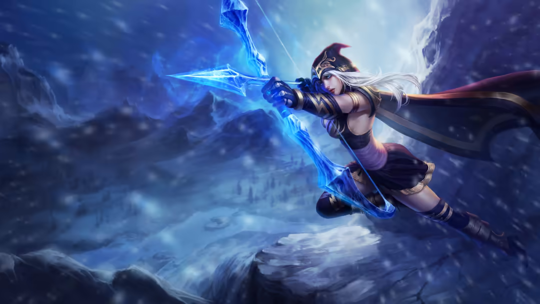 Frost archer character with white hair wielding glowing blue ice magic weapon in snowy mountainous landscape during magical c