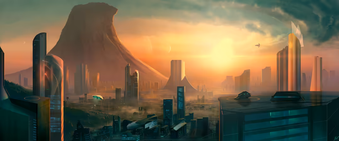 Futuristic cyberpunk cityscape with towering skyscrapers and massive curved architecture illuminated by golden sunset over mi