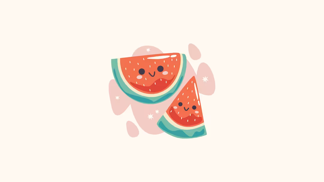 Cute smiling watermelon slices with happy faces and teal green rinds on soft pink abstract background with sparkles and stars
